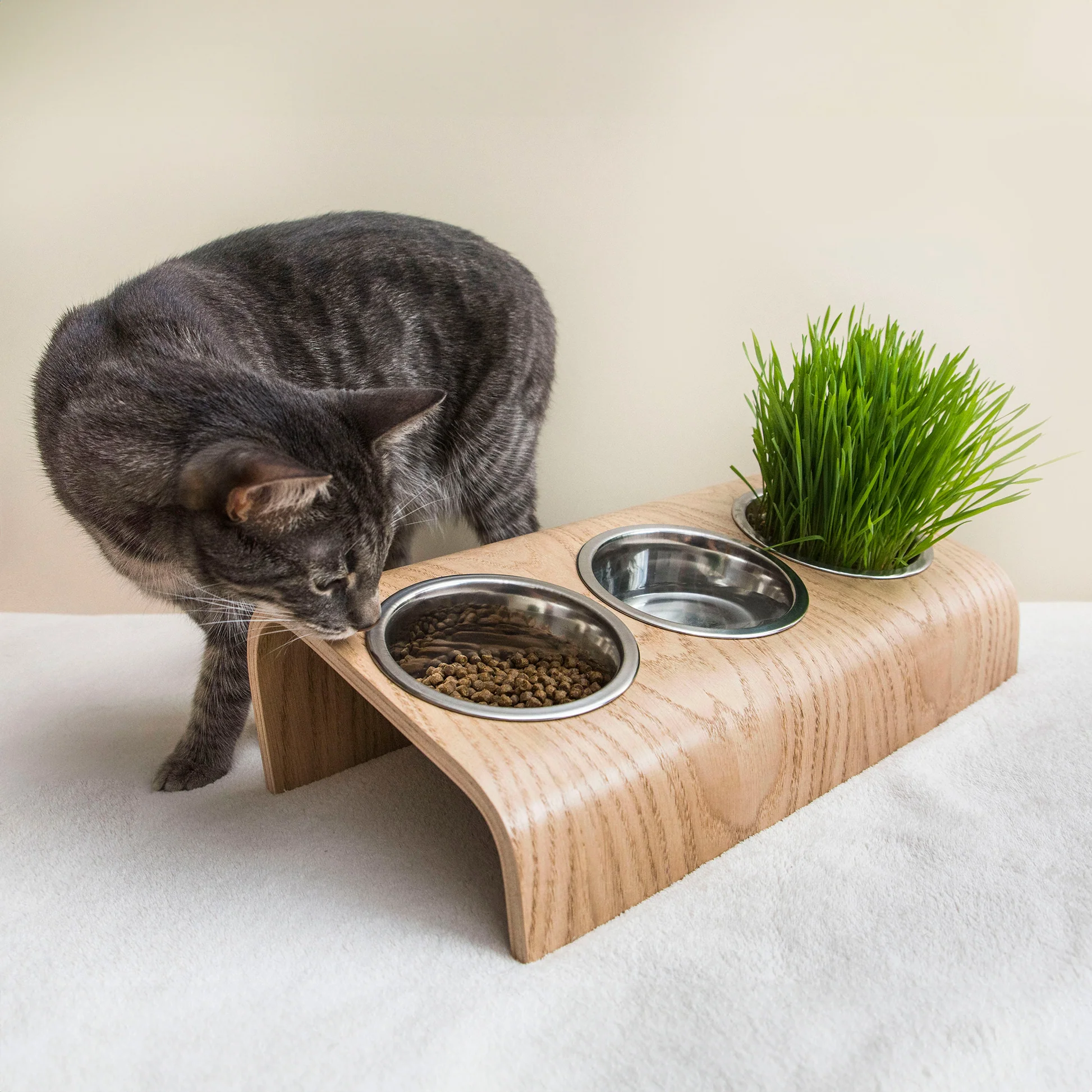 Elevated Cat Bowls Raised Wood Stand Feeder with 3 Stainless Steel Bowls Feeding & Watering Supplies for Puppy Cats Accessories