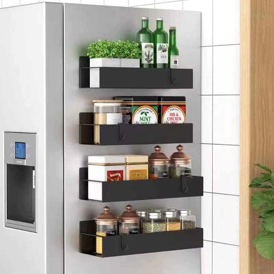 Metal 4 Pack Magnetic Spice Storage Rack Organizer for Refrigerator and Oven, Black Fridge Organizers and Storage
