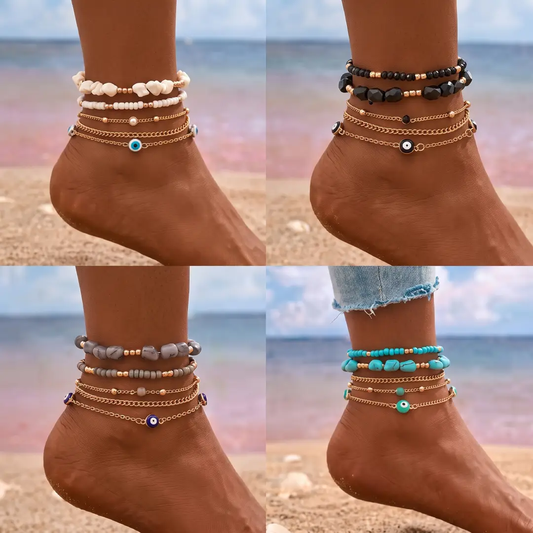 5 Piece Mixed Chain Anklet Set Layered Summer Foot Jewelry image 1