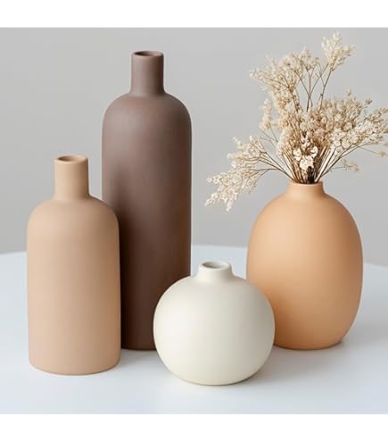 Modern Ceramic Vase Set, Neutral Colors, Decorative Vases for Home Shelf Decor, 4 Piece Collection, Happy Birthday Gifts for Women Mom Her Friend Sister Wife Grandma, Self Care Gift (Coffee Mix set 4)