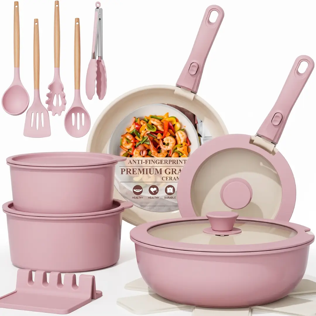 Astercook 21 Pcs Ceramic Nonstick Cookware Set Pink image 1