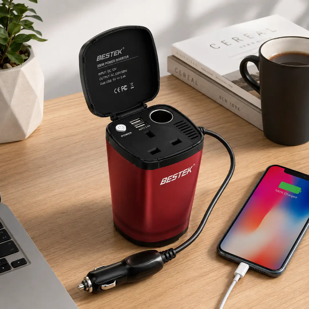 BESTEK 200W Cup Holder Car Power Inverter with Dual USB Ports image 4