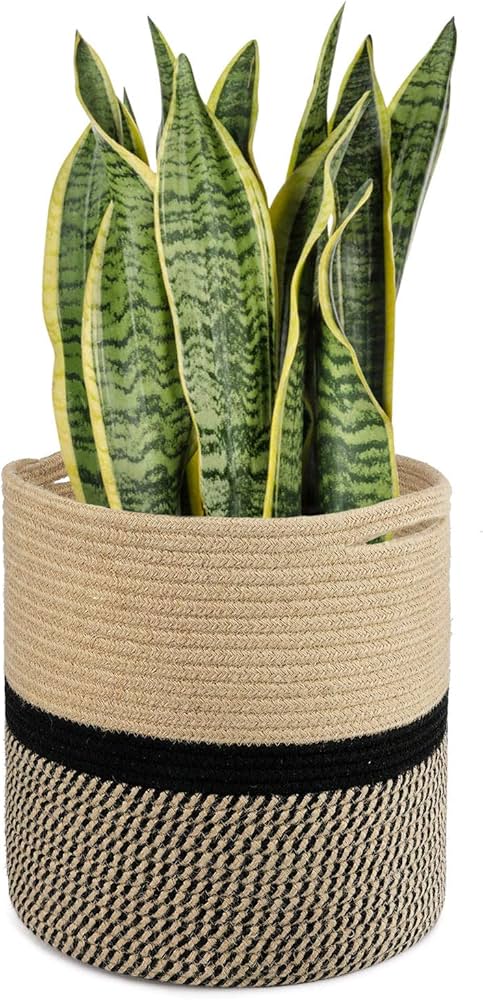 TIMEYARD Sturdy Jute Rope Plant Basket Modern Woven Baskets for 10" Flower Pot Floor Indoor Planters, 11” x 11” Storage Organizer Basket Rustic Home Decor, Black and Beige Stripes