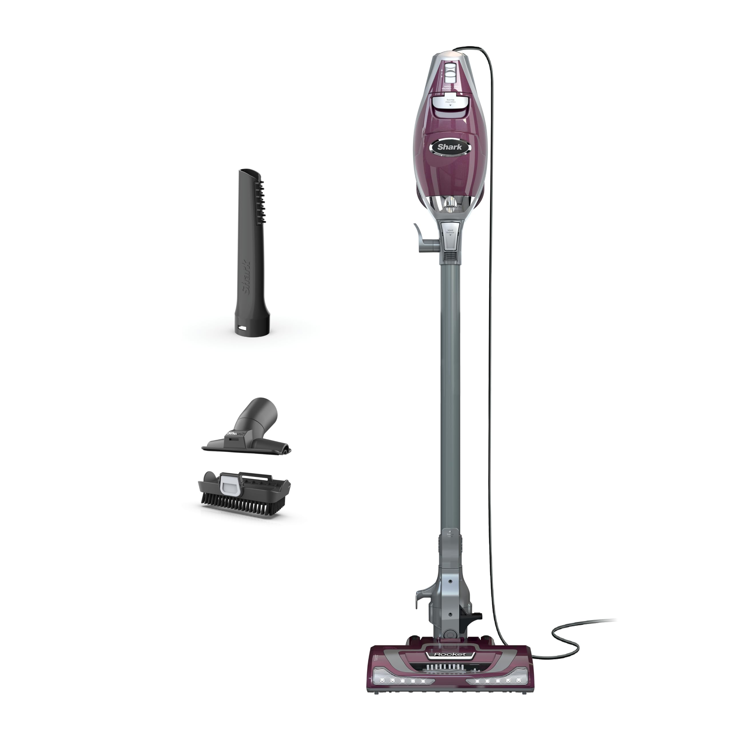 Visit the Shark Store Shark HV322 Rocket Pet Plus Corded Stick Vacuum with LED Headlights, XL Dust Cup, Lightweight, Perfect for Pet Hair Pickup, Converts to a Hand Vacuum, with (2) Pet Attachments, Bordeaux/Silver