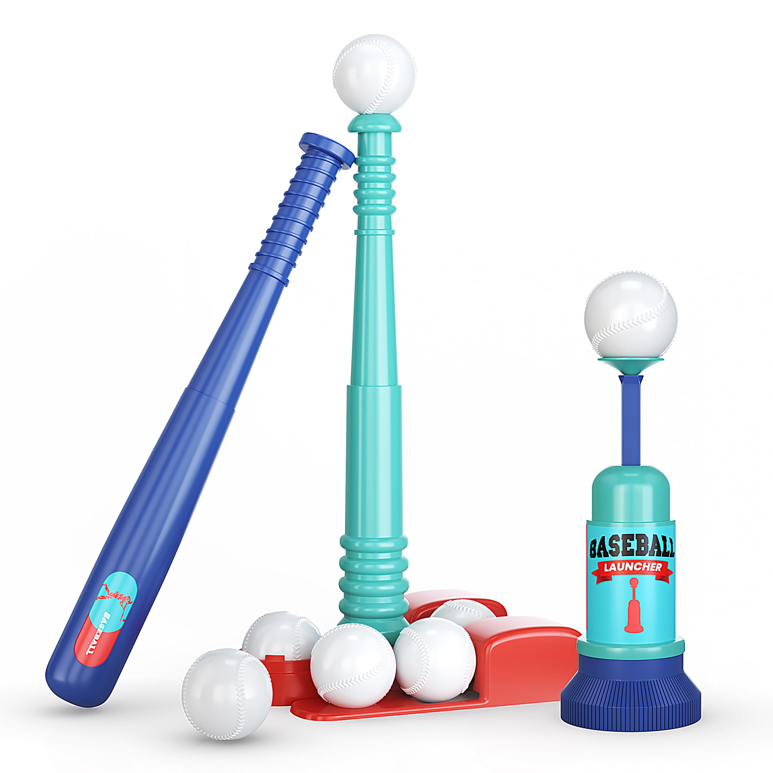 T Ball Stand for Kids and Toddlers 1-3, 3-5, 5-8. Baseball Set Includes 6 Large Balls, an Adjustable Tball Batting Tee, and a Pitching Machine. Kids Bat and Ball, T-Ball Sets for Kids