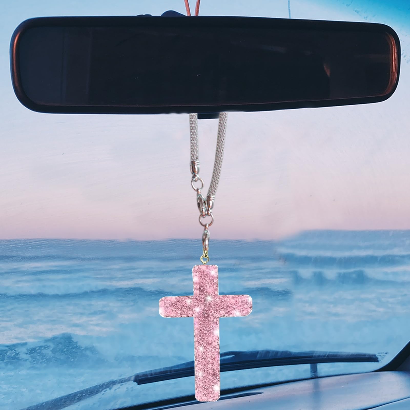 Bling Cross Car Hanging Accessories, Crystal Rhinestone Rear View Mirror Pendant, Religious Rearview Mirrors Decoration Charm, Car Hanging Ornament, Automotive Interior Accessories (Pink)