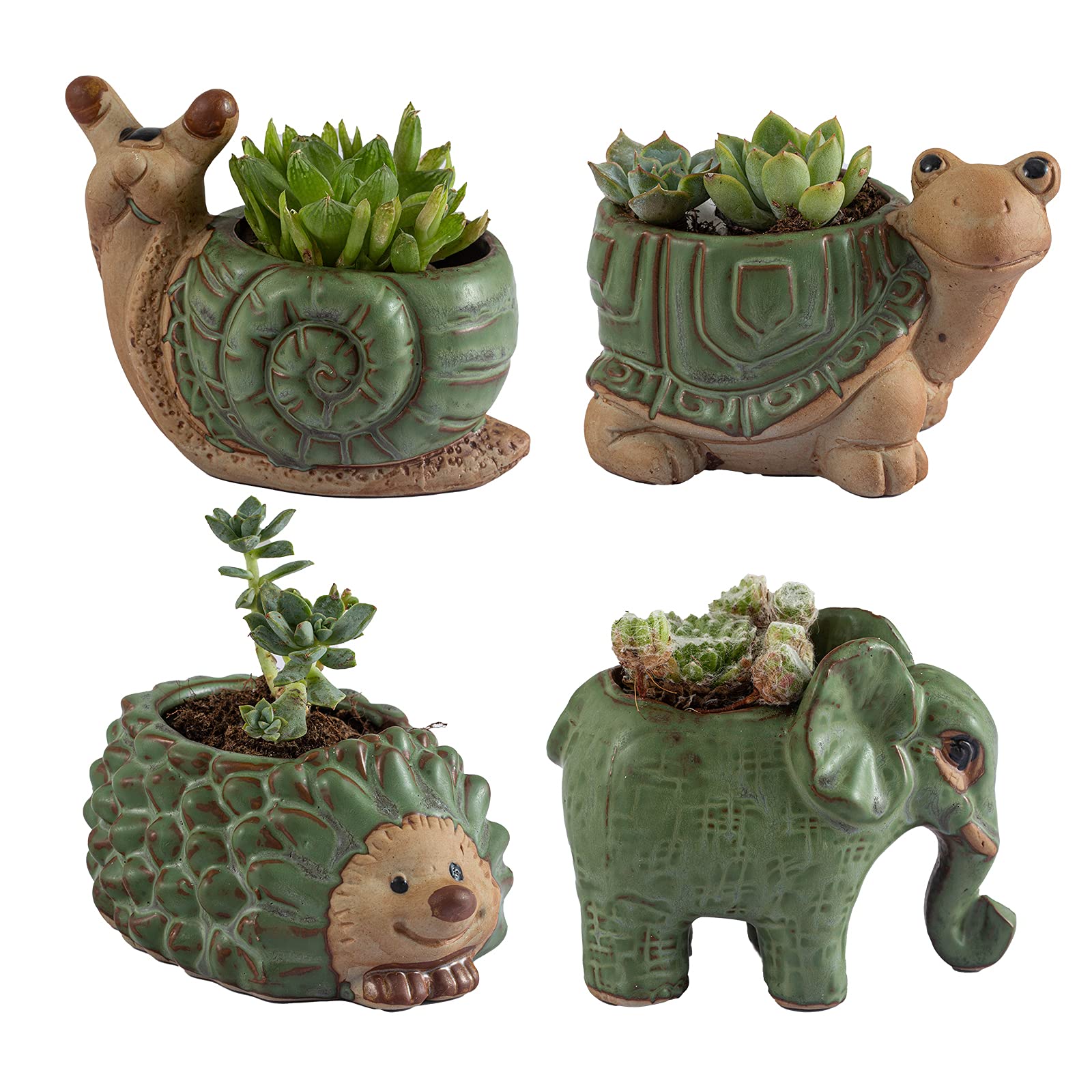 Small Succulent Pots with Drainage, Indoor/Outdoor Ceramic Animal Planter, Cute Cactus/Bonsai Small Flower Pots for Home Decor and Office Desk Decoration, A Set of 4 Pieces is Suitable as A Gift