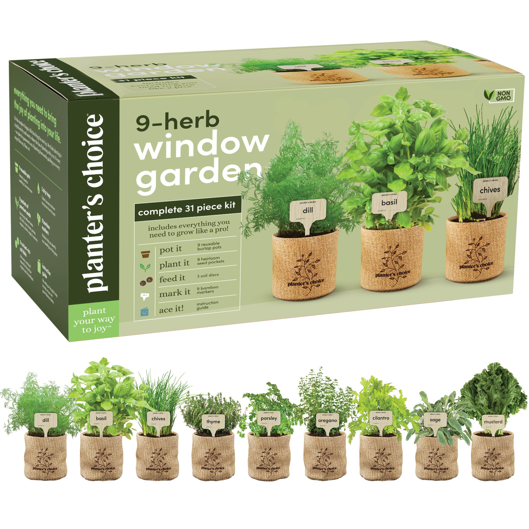 Planters' Choice 9 Herb Indoor Window Garden Kit - House Plants Seeds - Best Unique Gift Ideas for Women, Mom, Friend, Her, Birthday, Housewarming, Mother - New Home Kitchen Gifts