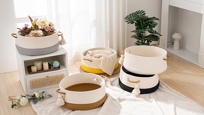 KAKAMAY Woven Baskets for Storage(16"x8"),Blanket Basket for Organizing Living Room,Cotton Rope Basket Woven Baby Laundry Hamper,Collapsible Laundry Room Organization,Clothes,Toy Chest(Brown)