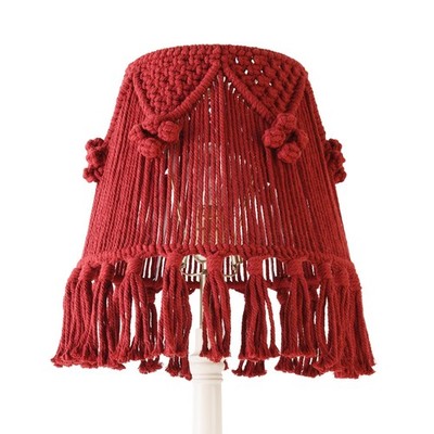 Wine Red Boho Woven Lamp Shade Bell Tassels Lampshade 7.5``Top x 12``Bottom x 11``High(Spider) Medium Handmade Lamp Shades for Table & Bedside Lamp - Easy Assemble