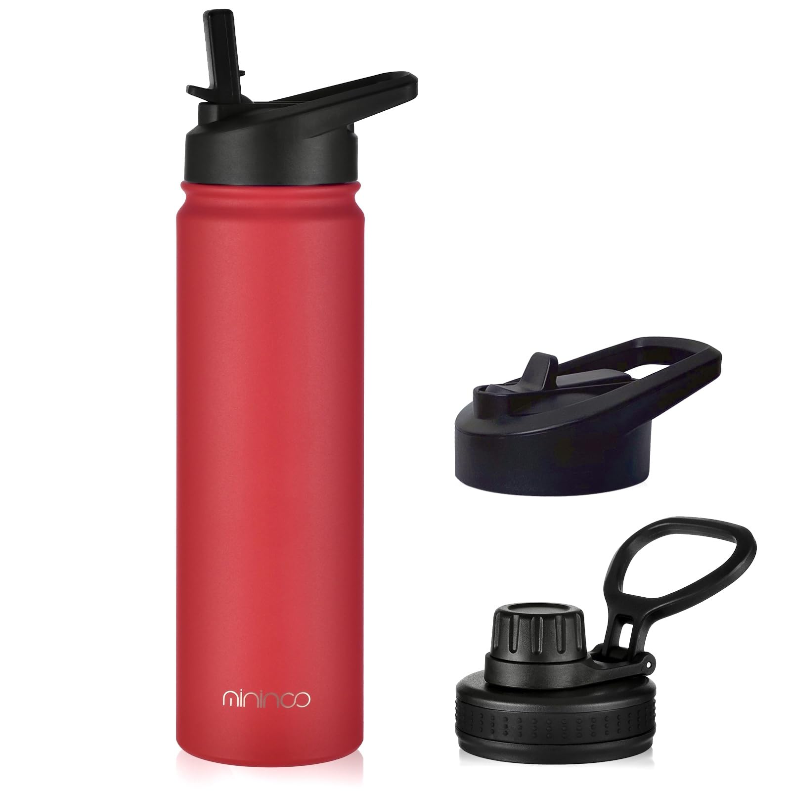 mininoo 24 oz Insulated Water Bottle with Straw Lid, Stainless Steel Double Wall Vacuum, Leak Proof, BPA Free, Keep Cold for 24H & Hot for 12H(Red)