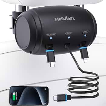 MAGJIEYX for Retractable Car Charging Station Box, 3 in 1 Headrest Fast Power Charging Dock Cord USB Type C Fits iPhone 17/16/15/14/iPad/Android/Samsung|Uber Lyft Backseat Passengers Share Rid