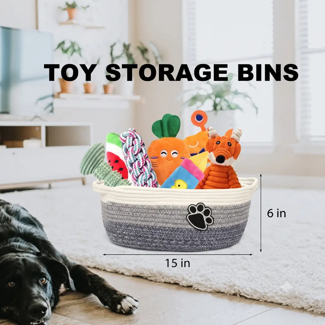 Small Woven Rope Basket with Handles for Pet Toy Storage image 2