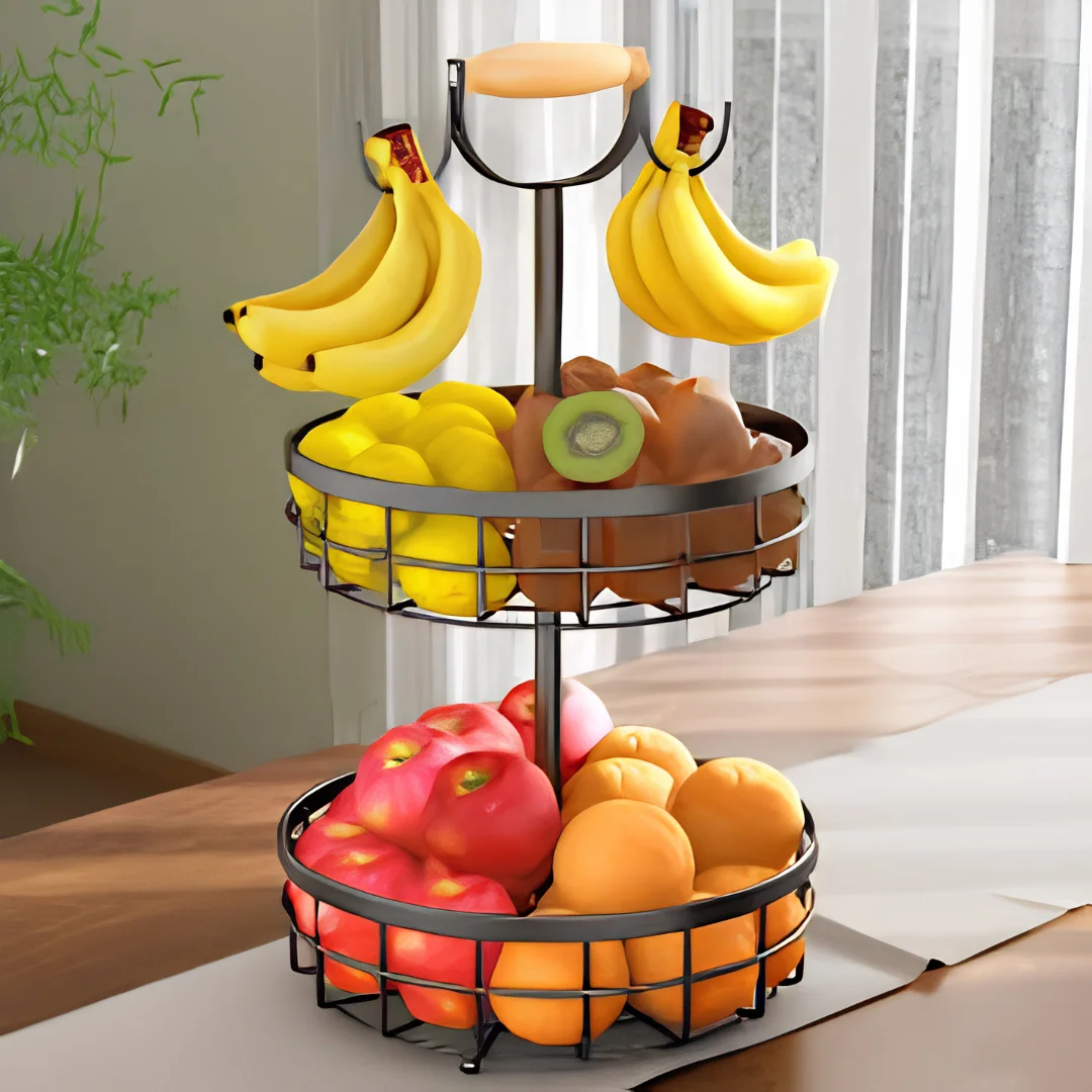 2 Tier Fruit Basket for Kitchen Counter with Banana Hangers image 3