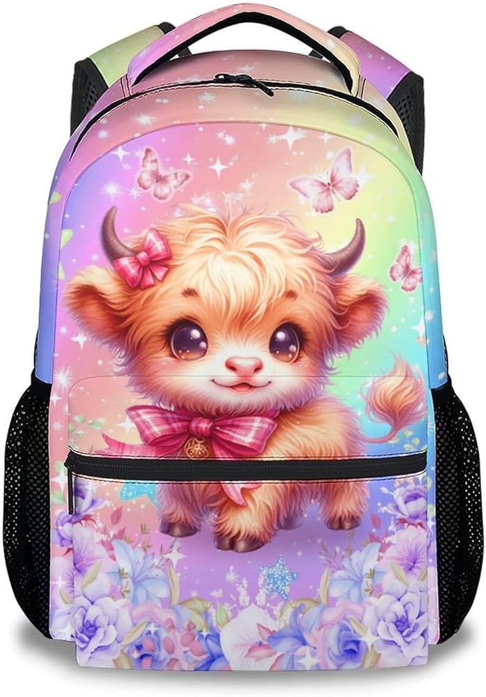 Personalized Girls Backpack, Kids Bookbag for School, Highland Cow Backpack, 17 Inch Custom Toddler Schoolbag for Kindergarten Elementary