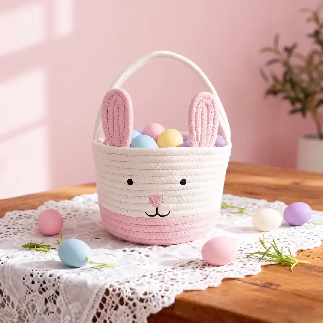 Cute Bunny Easter Basket for Kids Egg Hunting Pink and White image 3