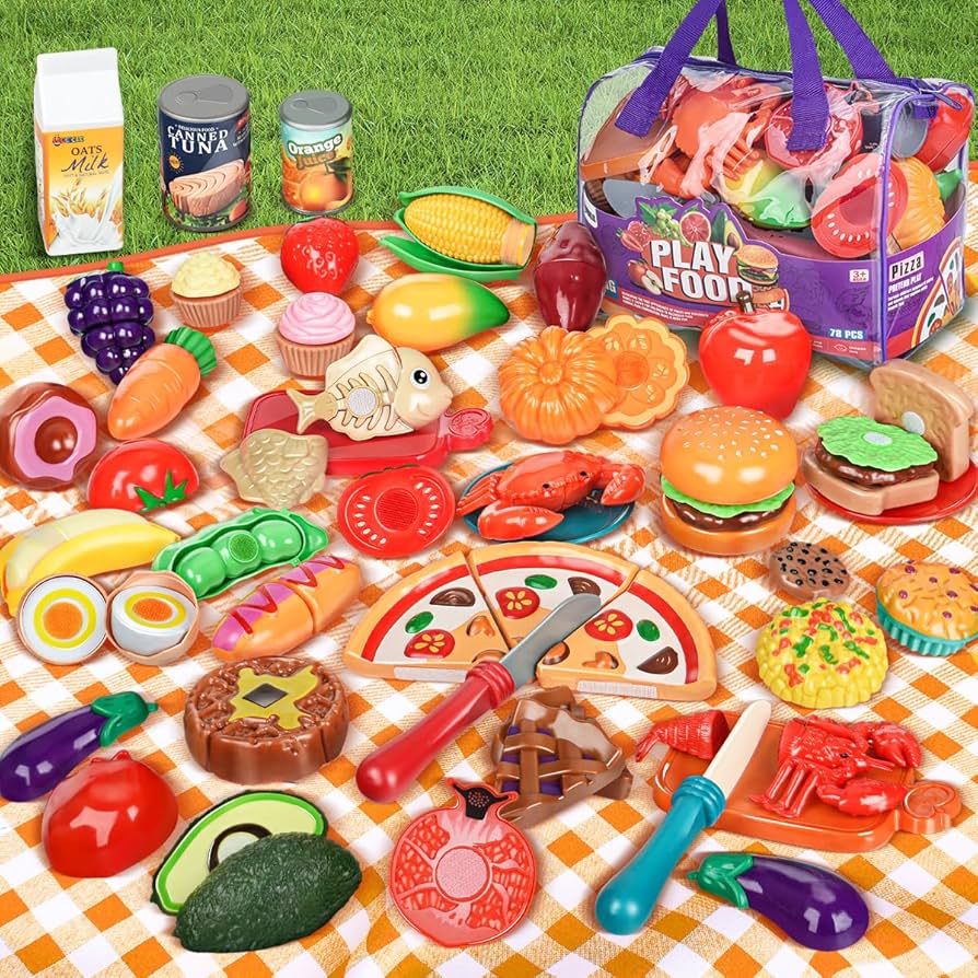 LAUGIGLE Pretend Play Food for Kids Kitchen, 78Pc Cutting Toy Food with Storage Bag