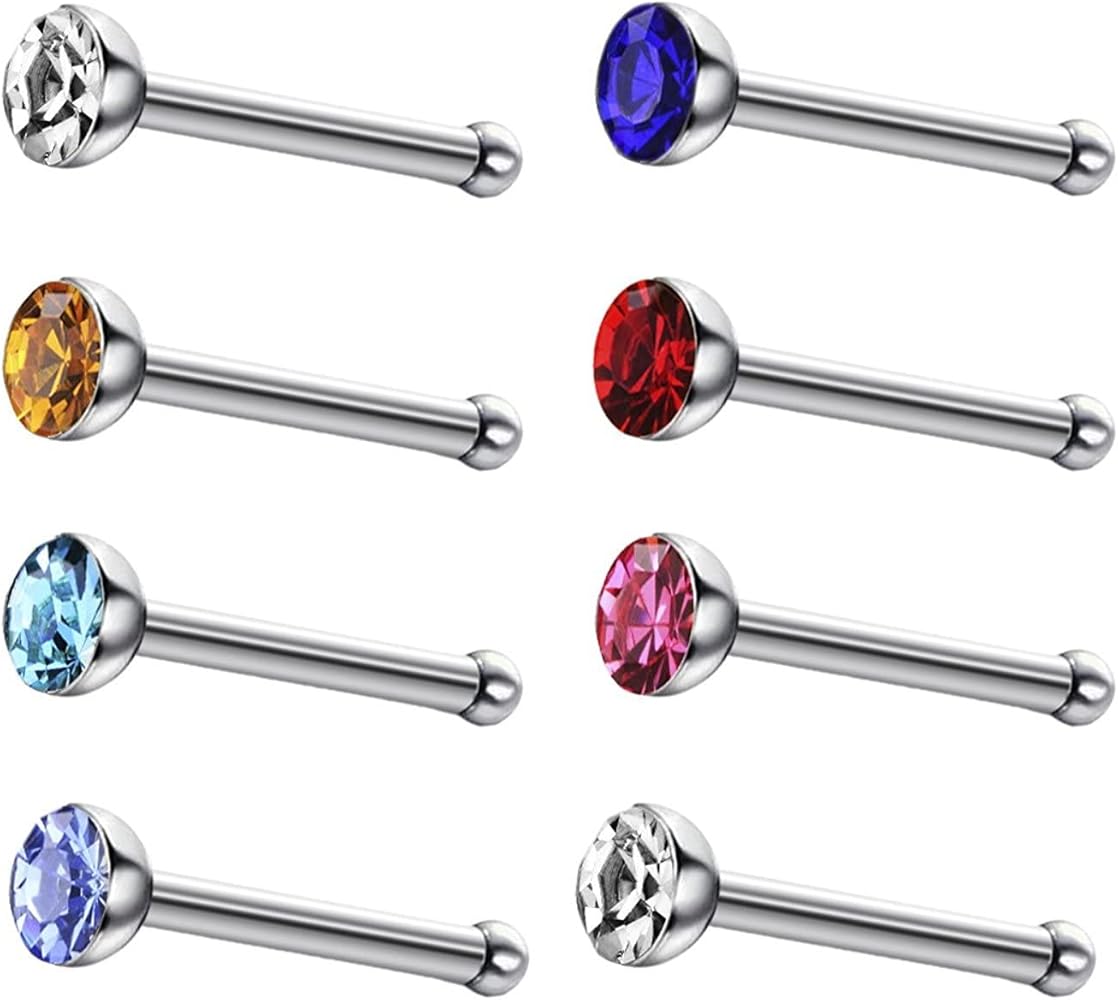 JEWELRIESHOP 40pcs Nose Studs Stainless Steel CZ Nose Rings Pins Piercing Jewelry Bone Studs for Women Men Hypoallergenic 22G