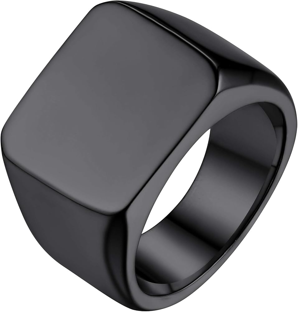 MONOGRAM SIGNET RING STAINLESS STEEL BIKER RINGS FOR MEN MONOGRAM FANCY INITAL SQUARE FLAT TOP BAND IN BLACK