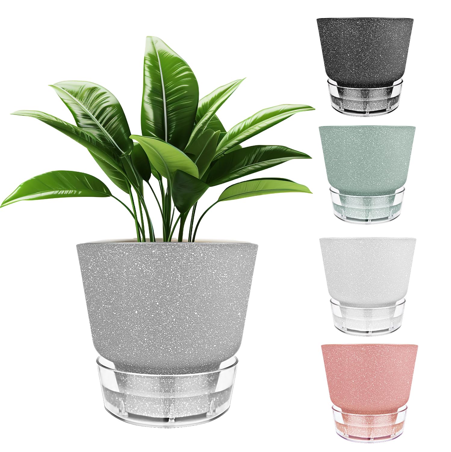 6-Inch Self-Watering Plant Pot with Visual Reservoir and Drainage Hole, Set of 5, Plastic Flower Pots, Planting Pot for Indoor Outdoor Plants (Frosted Mixed Color)