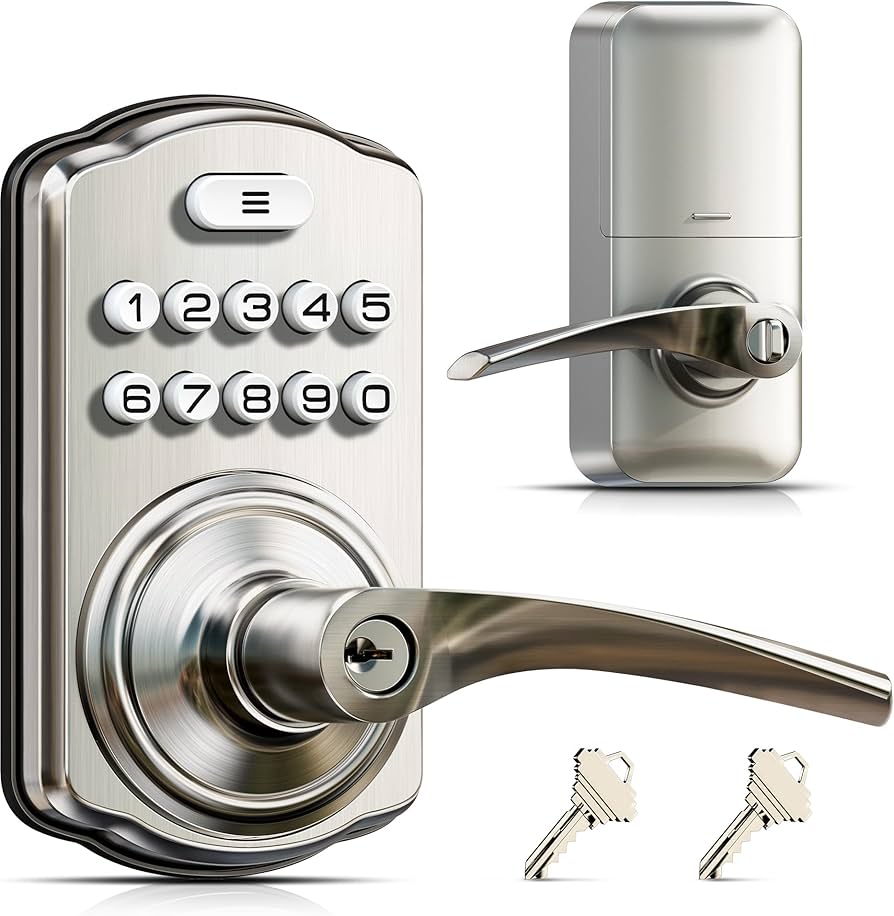 Veise Keypad Door Lock with Handle, Keyless Entry for Front Door & Bedroom, Electronic Lock with Code, Auto-Locking, Easy Installation, Passage Mode, Satin Nickel
