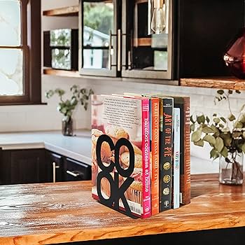 ENCIMART Metal Book Ends for Shelves, Kitchen Bookends Home Decorative Bookends for Heavy Books, Unique Cute Cookbook Organizer Book Holder for Kitchen Housewarming Cooking Book Lover Gifts, Black