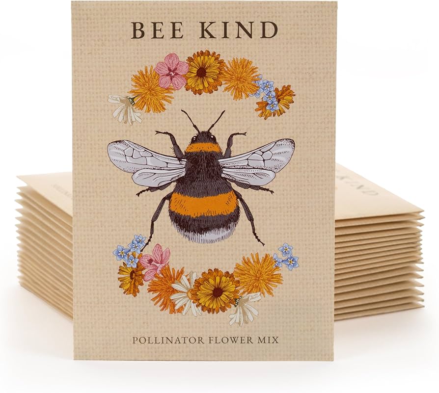 Bentley Seed Co. | Bee Kind Pollinator | Beautiful Bee Art | Environmental Favors Cards for Guests Seed Packets | Pollinator Wildflower Mix Seed Packets | Eco-Friendly Hand Out Gift | 25 Pack