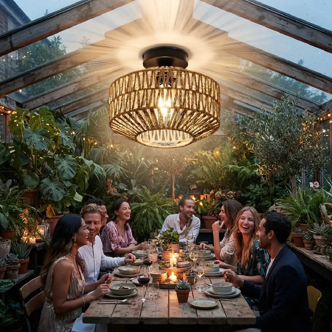 Boho Rattan Ceiling Light Fixture with Dimmable LED Bulb image 5