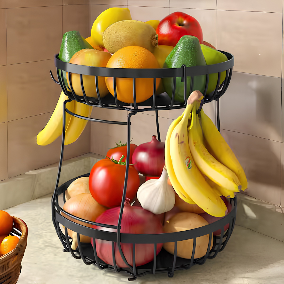2 Tier Fruit Basket for Kitchen Counter with Banana Hangers