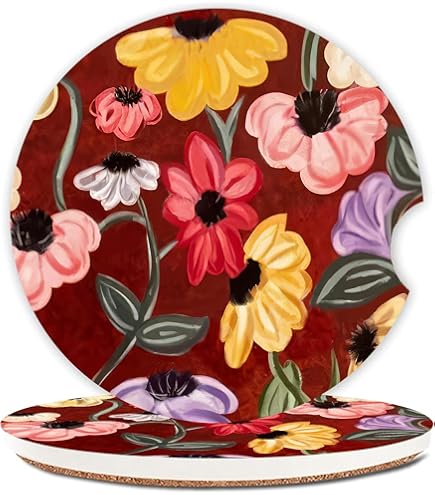 Singer Inspired Piano Flora Ceramic Car Cup Coasters, Suprise Song Inspired 2.6 Inch Anti Slip Ceramic Absorbent Coaster with Cork Base and Finger Notch