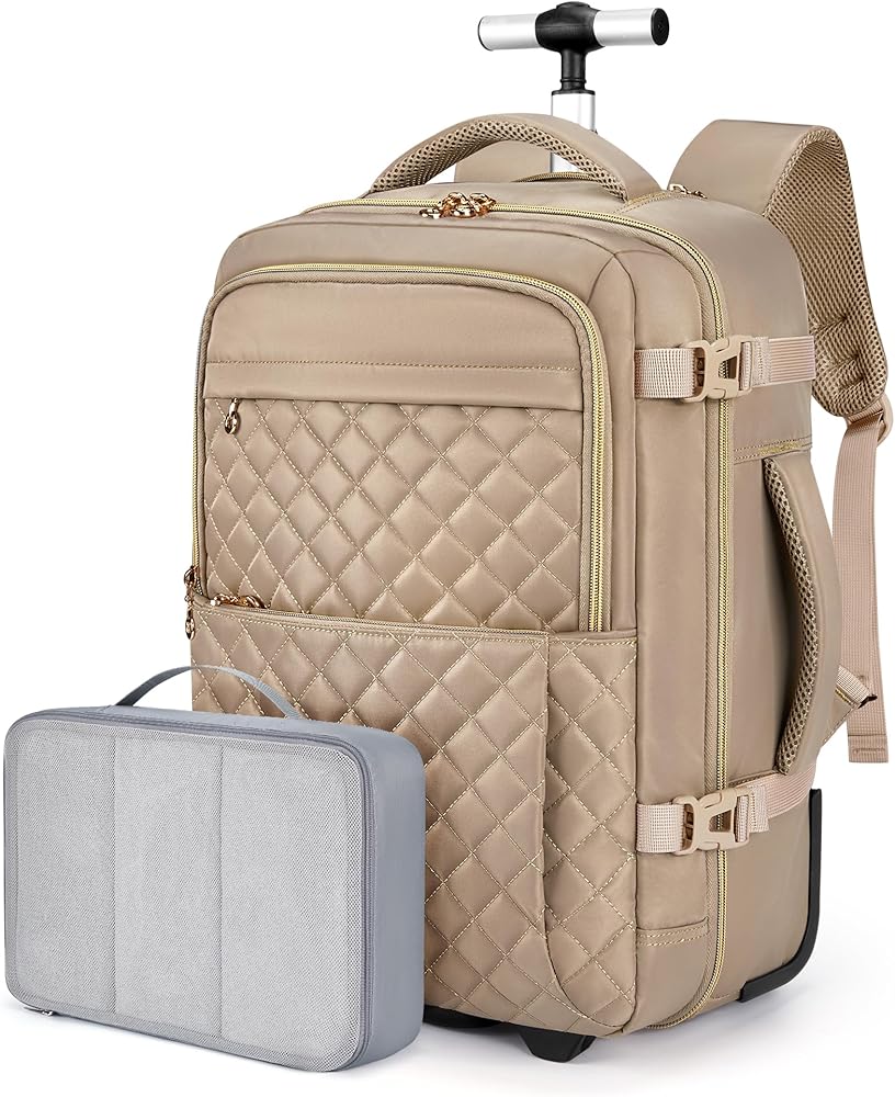 BAGSMART Rolling Backpack for Women, Wheeled Backpack with Packing Cube, Travel Back pack with Wheels, Carry On Suitcase Bag 17 Inch Large Roller Daypack, Champagne