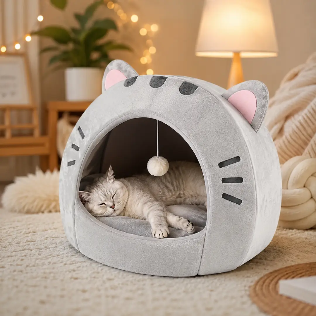 Cozy Cartoon Cat Cave Bed for Small & Medium Cats – Covered Pet House with Cushion image 5