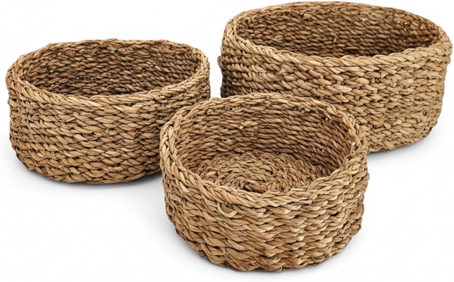 3 Set Small Seagrass Woven Storage Baskets, Natural Woven Round Basket Bin for Farmhouse Kitchen Countertop Pantry Shelf Organization, Stackable Mini Fruit Vegetable Holder