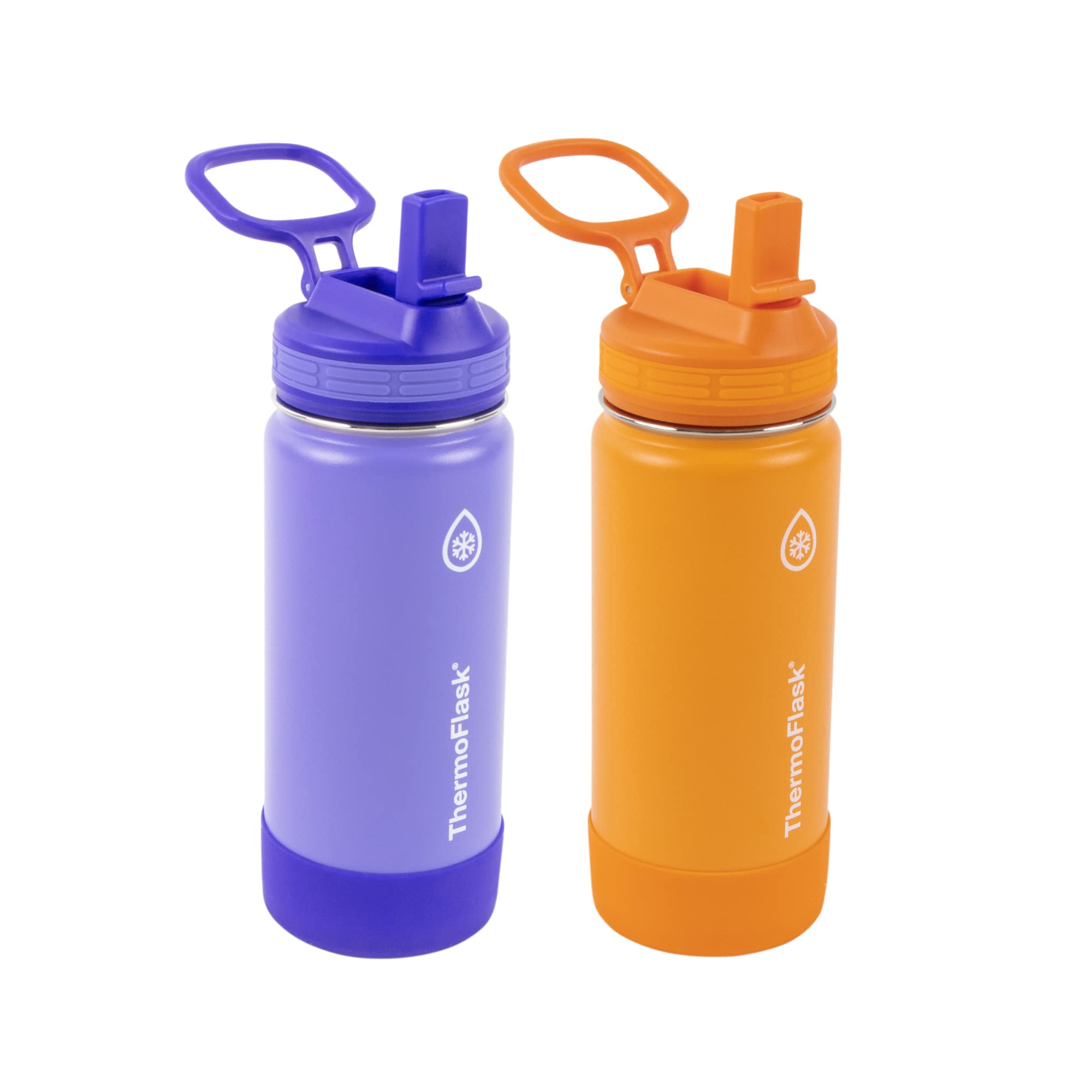 ThermoFlask Kids 16 oz Insulated Water Bottles with Straw Lid BPA-Free Stainless Steel Leakproof & Spill-Proof Design Easy Clean Wide Mouth 2-Pack for School, Sports, Playdates, Purple/Orange