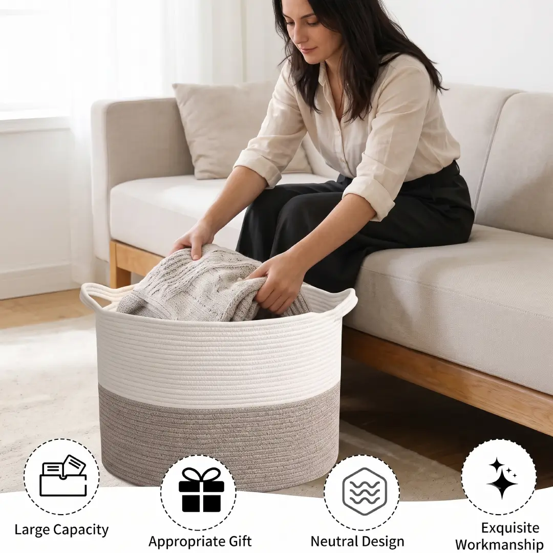 65L Large Woven Cotton Rope Blanket Basket with Handles image 2