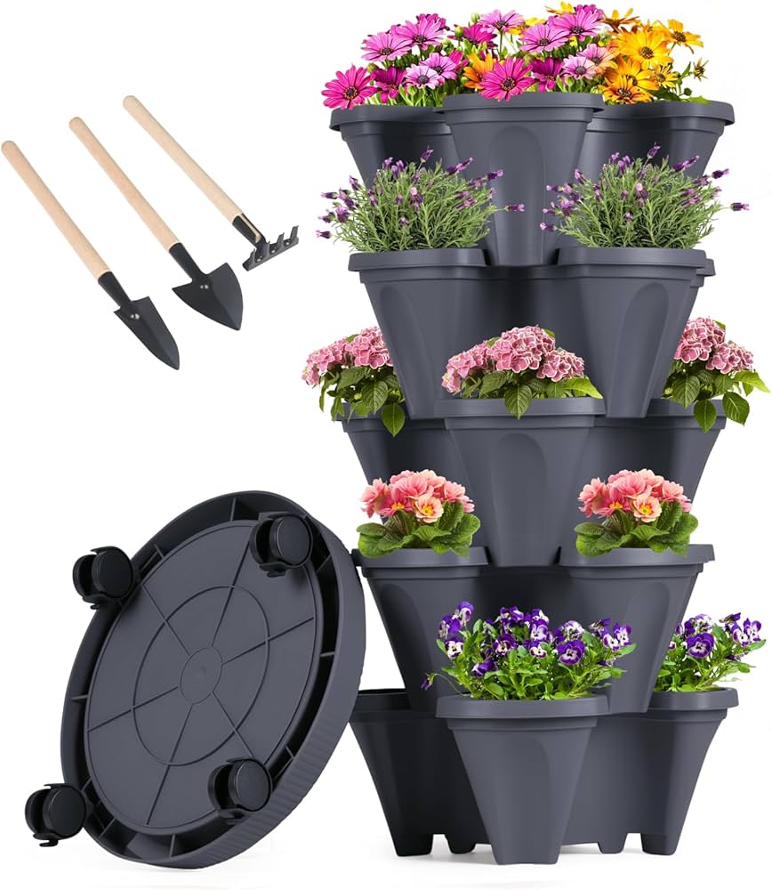 GameXcel Vertical Planter Tower - 5 Tier Stackable Garden Planters with Wheels and Tools Plant Pots for Strawberry Herb Flower and Vegetable Indoor Outdoor Use Teal