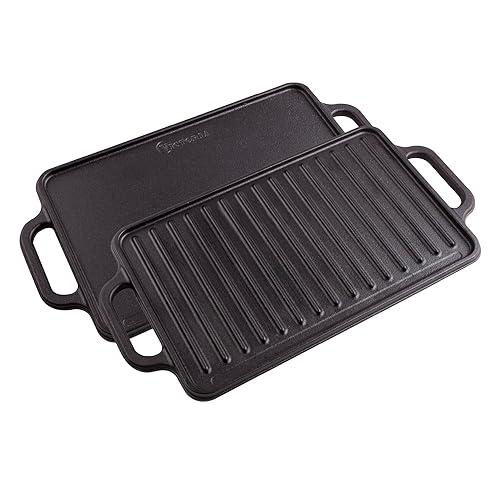 Victoria Rectangular Cast Iron Griddle. Double Burner Griddle, Reversible Grill, 13 x 8.5 Inch, Seasoned with 100% Kosher Certified Non-GMO Flaxseed Oil, Model: GDL-189