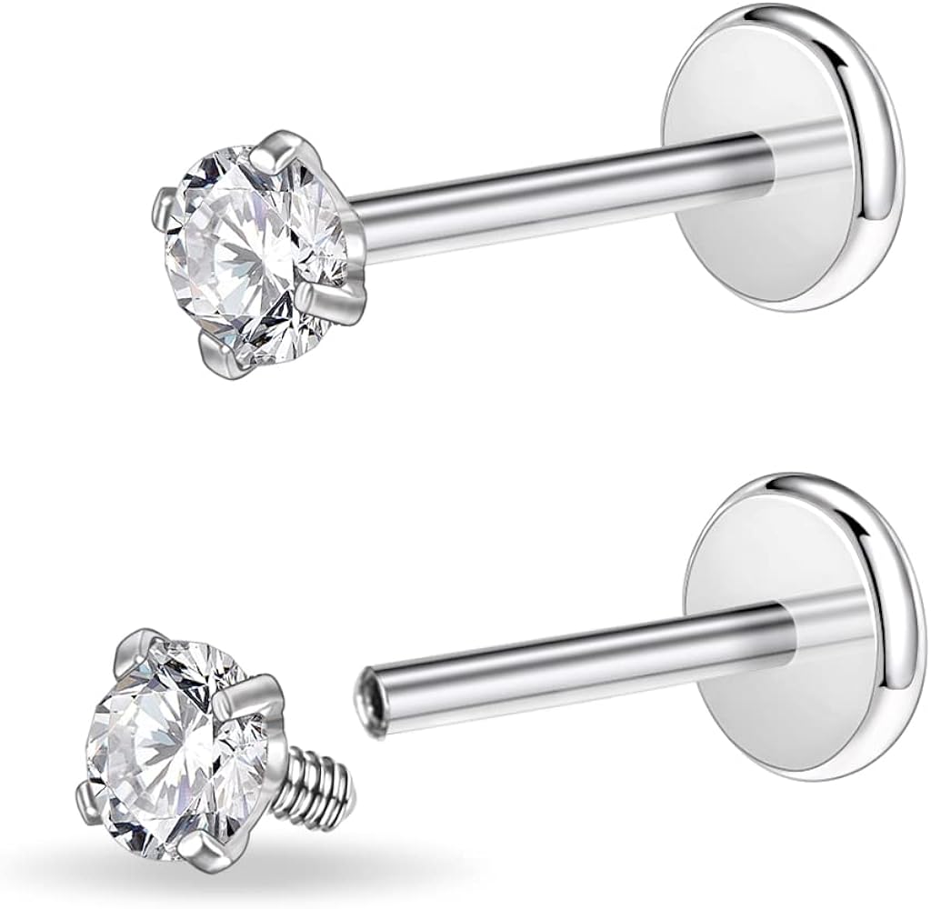 PunkTracker 16g/18g Surgical Steel Internal Thread CZ Stud Piercing Jewelry for Tragus/Nose/Helix/Conch/Medusa/Lip/Labret - Helix Tragus Cartilage Earring for Women Men 2PCS