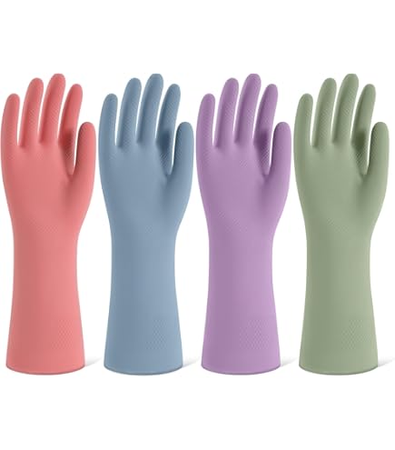 Rubber Cleaning Gloves for Dishwashing, 4 Pairs Reusable Kitchen Gloves for Washing Dishes and Household Cleaning, Colorful Dish Gloves with Flocked Lining and Non-Slip Grip, Pefect for Woman Men - M