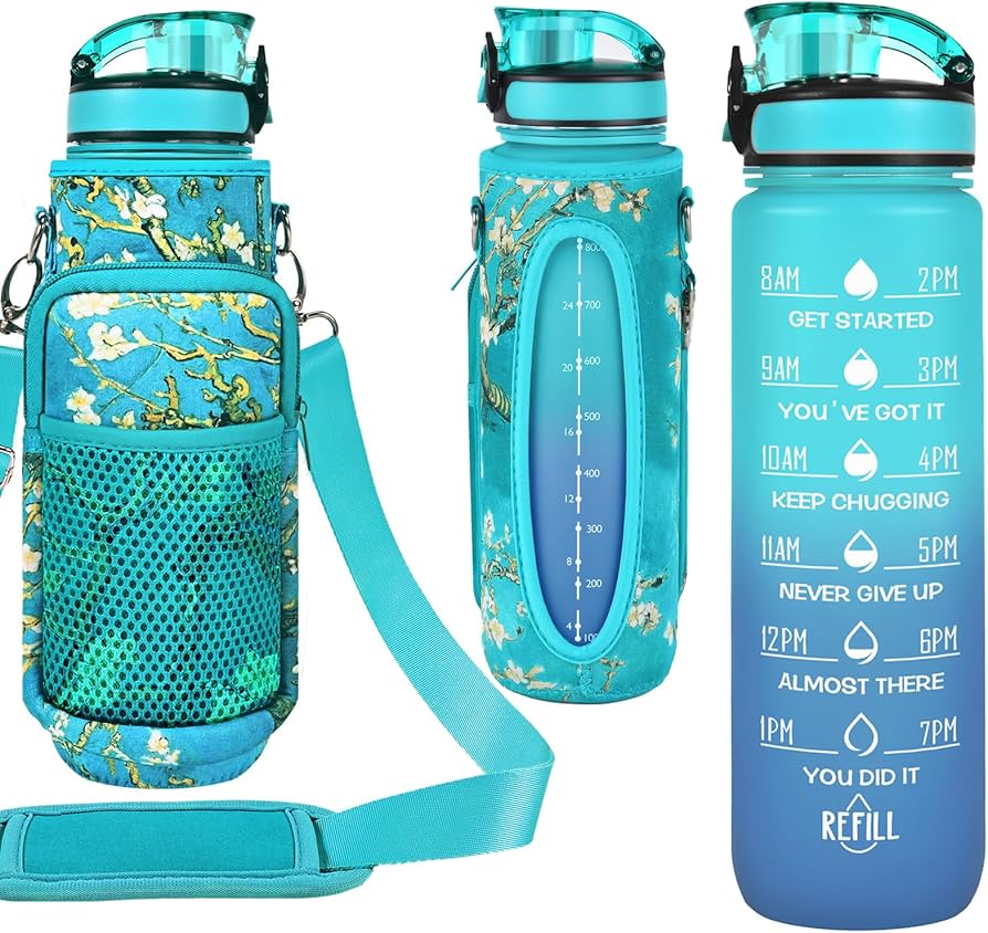 32 oz Water Bottles with Straw & Strap, Motivational Water Bottles with Times to Drink, BPA Free Reusable Sports Water Bottle with Sleeve Carrier for Hiking, Travel, Running or Fitness