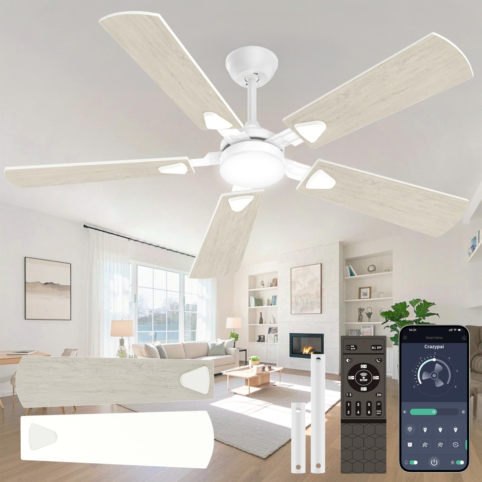 Ceiling Fans with Lights, 52 Inch Modern Ceiling Fans with Lights and Remote Control, DC Reversible Motor, Noiseless, 3CCT, Ceiling Fan for Bedroom, Living Room, Apartment Indoor/Outdoor Use