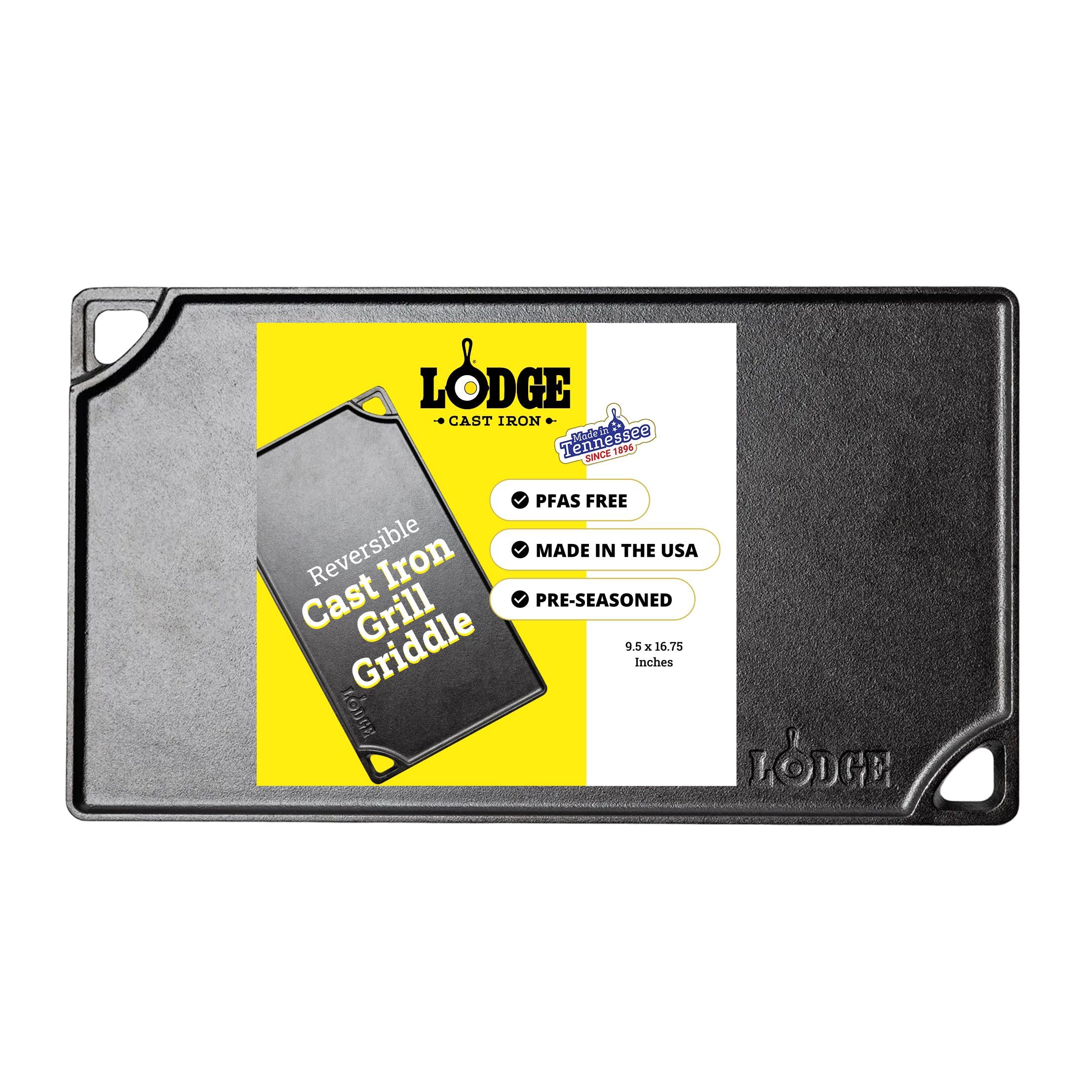 Lodge Double Play Reversible Cast Iron Grill/Griddle - Dual-Sided with Double Burner Configuration for Eggs, Pancakes, Burgers & More - Seasoned, Non-Toxic Cookware - Heavy-Duty Grill Pan - Black