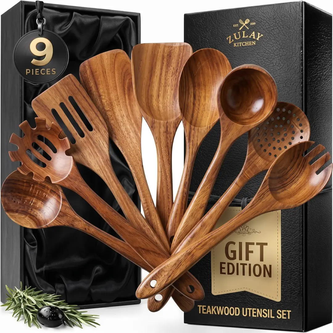 9 Piece Teak Wooden Kitchen Utensil Set with Spoon Rest image 1