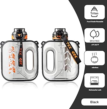 TKK Half Gallon Water Bottle Jug with Straw, Large Capacity Plastic Water Bottle, Dishwasher Safe, 1/2 Gallon 64 Oz, BPA Free Tritan for Gym, Yoga, Travel, Camping, Outdoor, Black