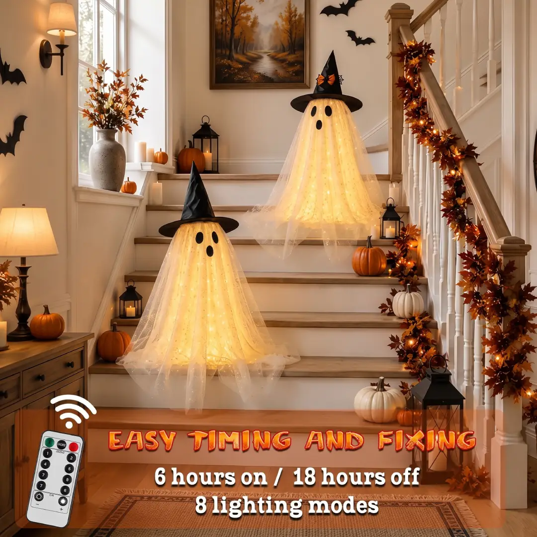 2-Piece Halloween Ghost Decorations with String Lights & Remote – Indoor Spooky Ghost Decor for Home & Parties image 3