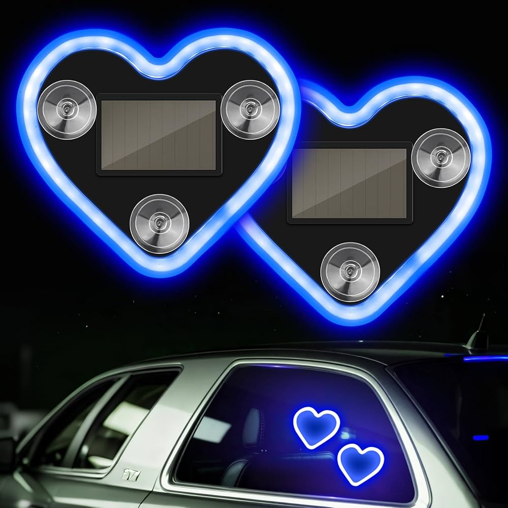 2Pcs Car LED Ambient Light, Solar-Heart-Shaped LED Neon Light,Ip65 Waterproof, 5 Modes,Romantic Cars for Night Driving, Heart Car Accessories for Valentine's Day, Anniversary (B)