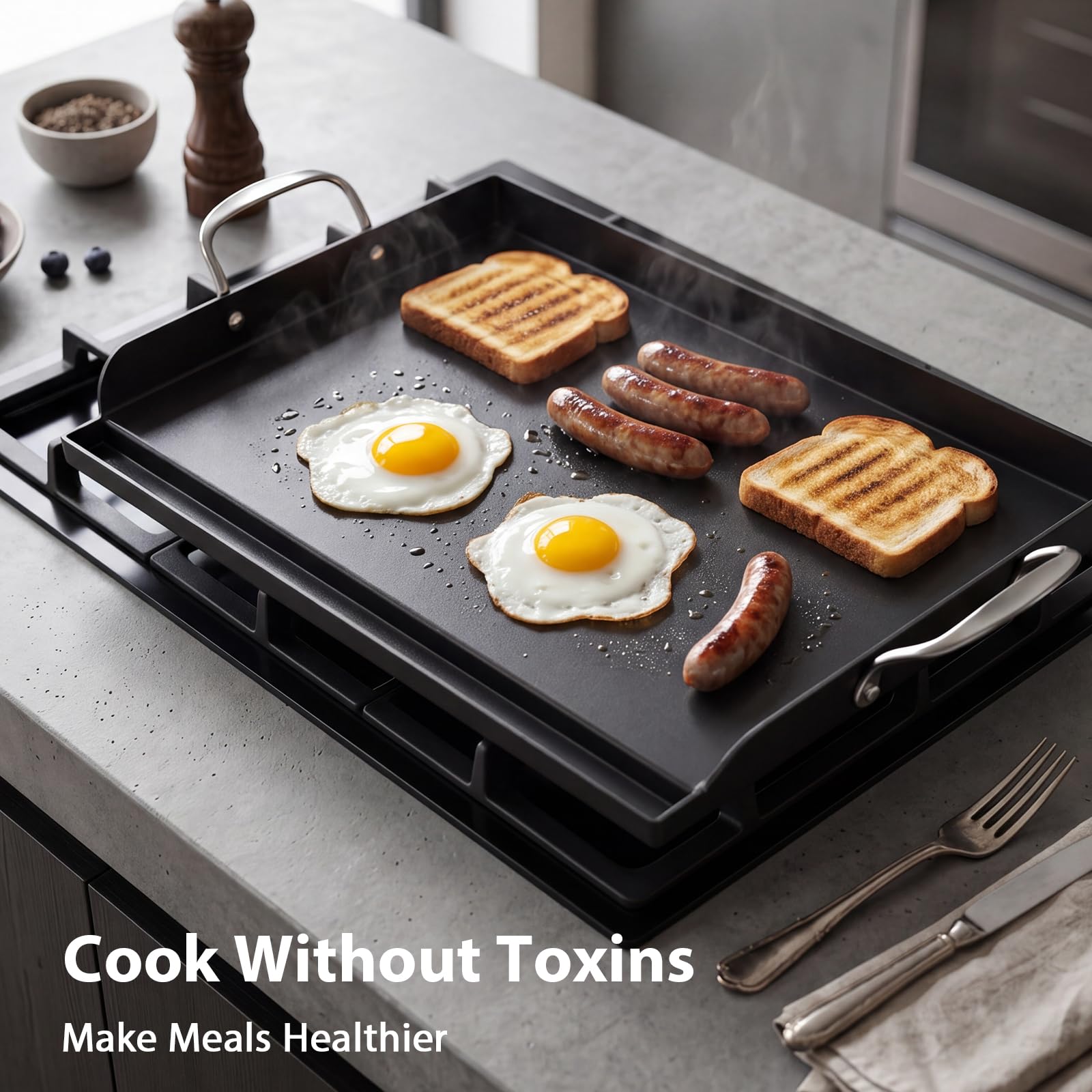 Utheer 25" x 16" Pre-Seasoned Nonstick Cast Iron Griddle for Gas & Charcoal Grills – Universal Flat Top with Grease Groove, Reinforced Ridges & High Sidewalls, Great for Parties, Camping & Tailgating