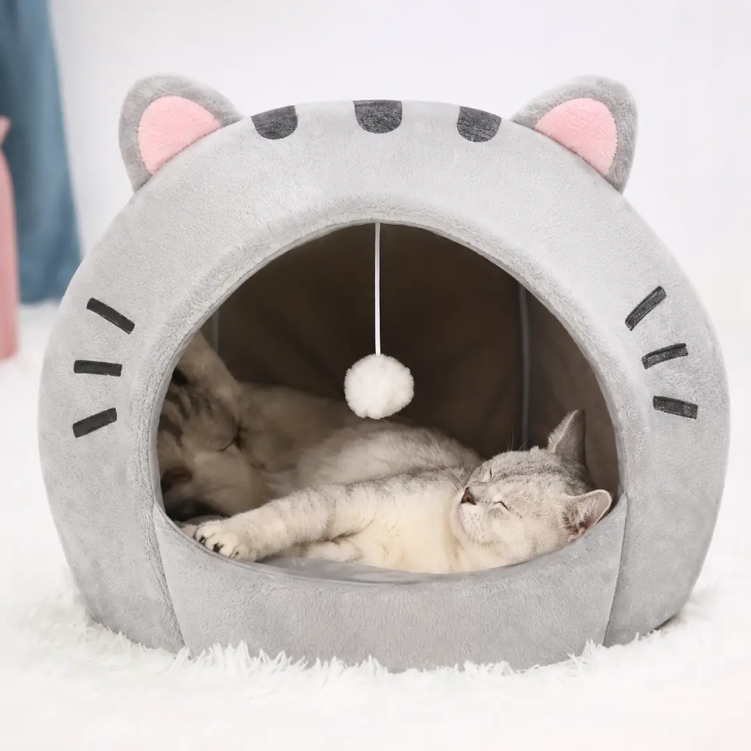 Cozy Cartoon Cat Cave Bed for Small & Medium Cats – Covered Pet House with Cushion image 2