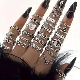 Bohemian Stacking Rings Set 25Pcs Adjustable Silver Tone Moon Star Elephant Snake Love Phrases Jewelry for Women Girls Vintage E