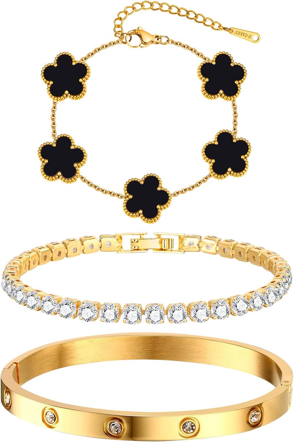 Womens Stackable Floral Gold Bracelets - 3Pcs 18K Gold Plated Bracelet,Stainless Steel Bangle Bracelets Non Tarnish, Gold Bracelet Set Trendy Jewelry,Christmas Valentines Birthday Gifts for Girlfriend